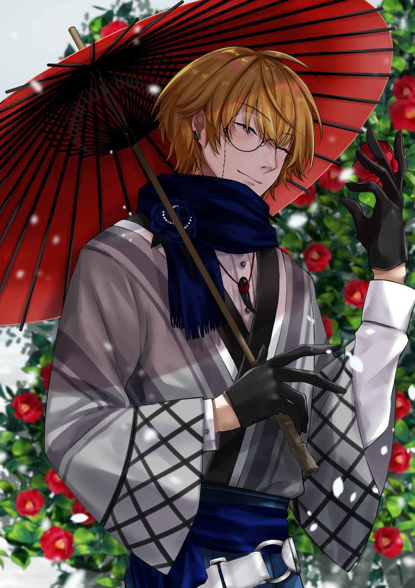 1boy male focus japanese clothes gloves scarf umbrella solo  illustration images