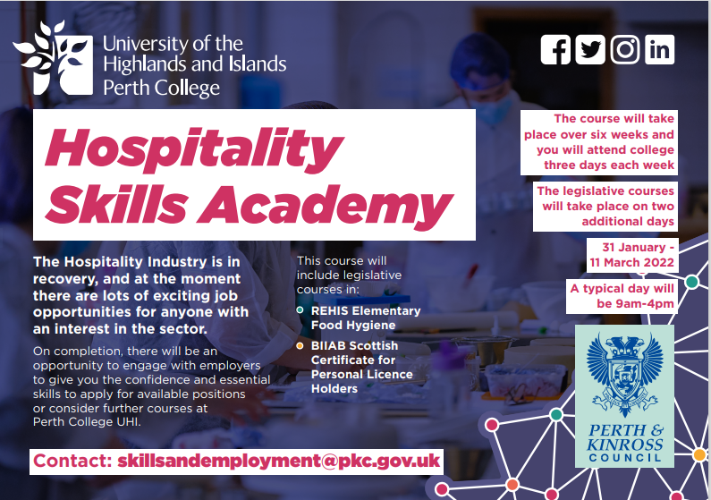 SkillsTeamPKC's tweet photo. HOSPITALITY SKILLS ACADEMY🥂🍽

We are working in collaboration with @PerthCollegeUHI  to deliver a Skills Academy for those interested in entering into the Hospitality Industry.

Contact us TODAY at skillsandemployment@pkc.gov.uk to register your interest📲 https://t.co/plf7I2Plp5