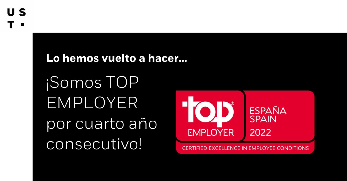 ¡Nos propusimos mantener este reto y lo hemos conseguido! <a href="/topemployer/">Top Employers Institute</a> nos ha certificado como Top Employer España por cuarto año consecutivo.

En <a href="/USTspain/">UST España & LATAM</a> nuestro equipo es un pilar fundamental para el éxito de nuestro negocio👉🏻 bit.ly/3tK6KHG

#USTeam #impactunbound