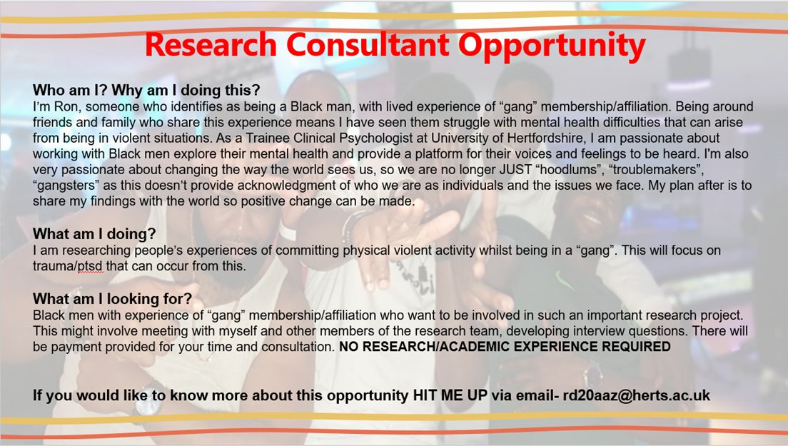 PLEASE RETWEET FAR + WIDE! I want to recruit Black men (aged 18-35) with lived/living experience of “gang” membership/affiliation to consult on some research. YOU DON'T NEED ANY RESEARCH EXPERIENCE. Please see details on the flyer and DM/email with any thoughts/questions/ideas!