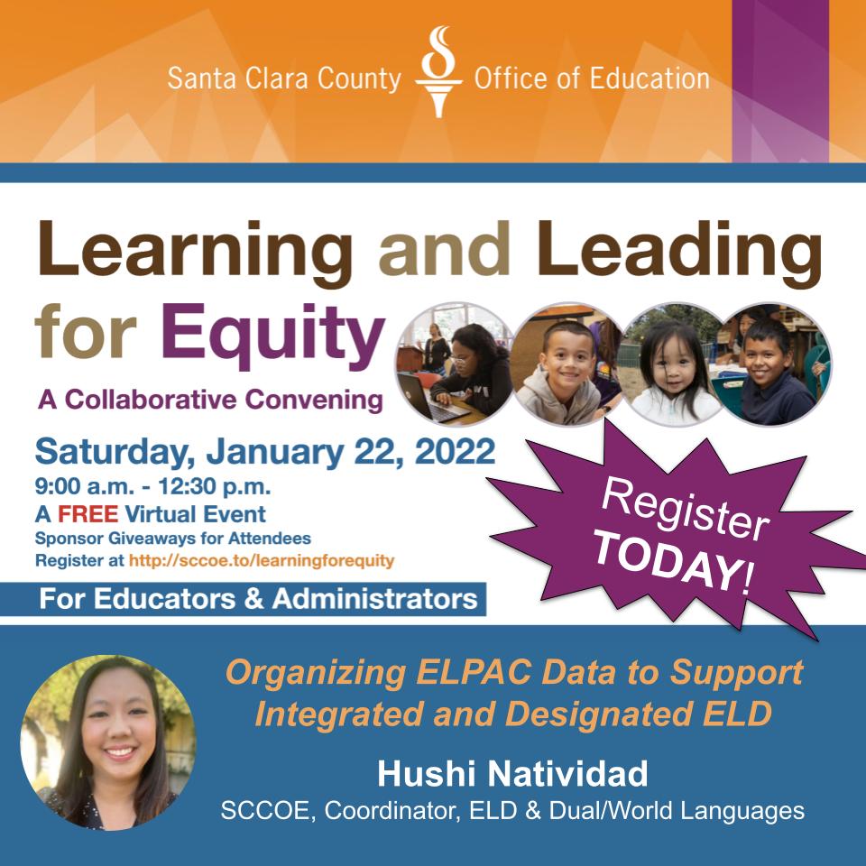 Join us to learn how we can organize ELPAC data to design integrated and designated ELD instruction for our English learners! 🔗 bit.ly/ll4eschedCheck out full sched. #WeAreSCCOE #ELL #K12 #ELD