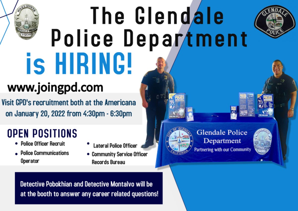 GlendalePD's tweet photo. #Tonight Glendale PD Detectives will be holding a #recruitment booth at the Americana from 4:30 - 6:30pmโผ๏ธ
Come by to find out what openings GPD currently has and how our recruitment process works ๐
https://t.co/HYgAX8bGss
#MyGlendale #GlendaleCA #JoinGPD #KeepGlendaleSafe https://t.co/zRE7e9xs1i