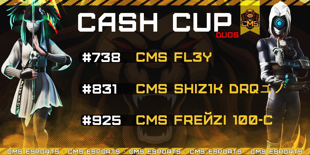 🏆Результаты на "DUOS CASH CUP " от наших игроков🏆

#738 место cms fl3y
#831 место cms shiz1k drqユノ
#925 место cms freйzi 100-C

#fortnitecmsesports #cmsesports #FCCNEWS #FCC #cis #gogocms