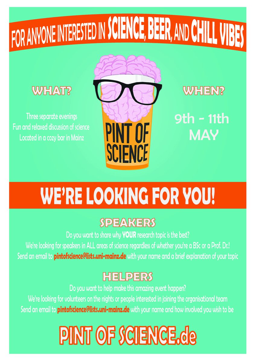 IT IS HAPPENING! The <a href="/pintofscienceDE/">Pint of Science Germany e.V.</a> is coming to Mainz!🤩🧠🍺 If you're located in #Mainz and you're excited about #Science, we're looking for you! Come join the team as a speaker 👩‍🔬🧑‍💻 or a volunteer🙋!