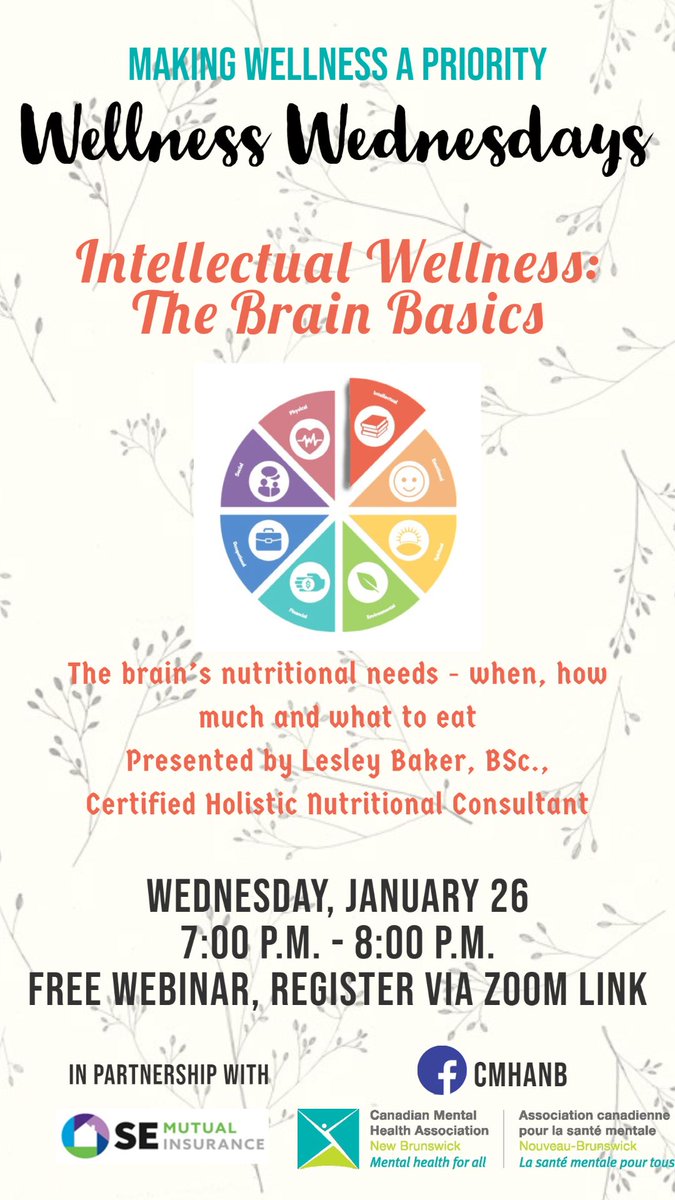 Join the Canadian Mental Health Association of New Brunswick for a series called "Wellness Wednesdays". Once a month, they will bring you a topic and speaker of interest. These will be held on the last Wednesday of each month.
Preregister here: us06web.zoom.us/webinar/regist…