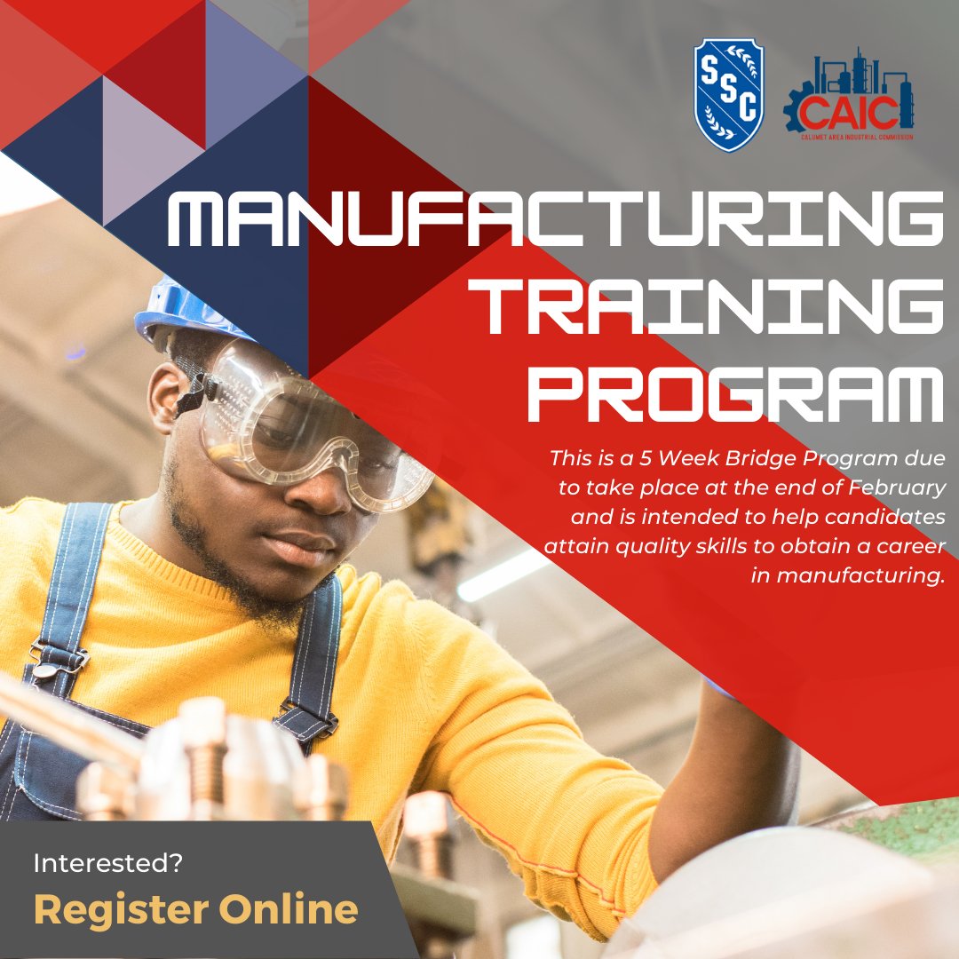 Interested in a career in manufacturing but don't have the skills to make that goal a reality? Register now for our 5-week Manufacturing Training Program held at the end of February in collaboration with <a href="/South_Suburban/">SouthSuburbanCollege</a>. 
Learn More: calumetareaindustrial.com/5week-manufact…