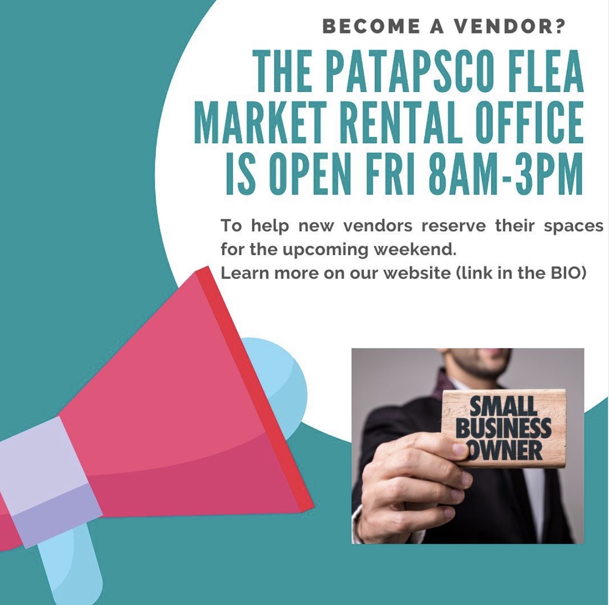 PatapscoMarket's tweet photo. Vendors!!!!!!!!!!!!!!! Fridays are your day!!!!!! Our rental office is open from 8 a.m. - 3 p.m. today to help new vendors reserve their spaces for the upcoming weekend. Visit us and let one of the ladies here help you get started! #startyourownbusiness #boss https://t.co/zw1OKwZ131
