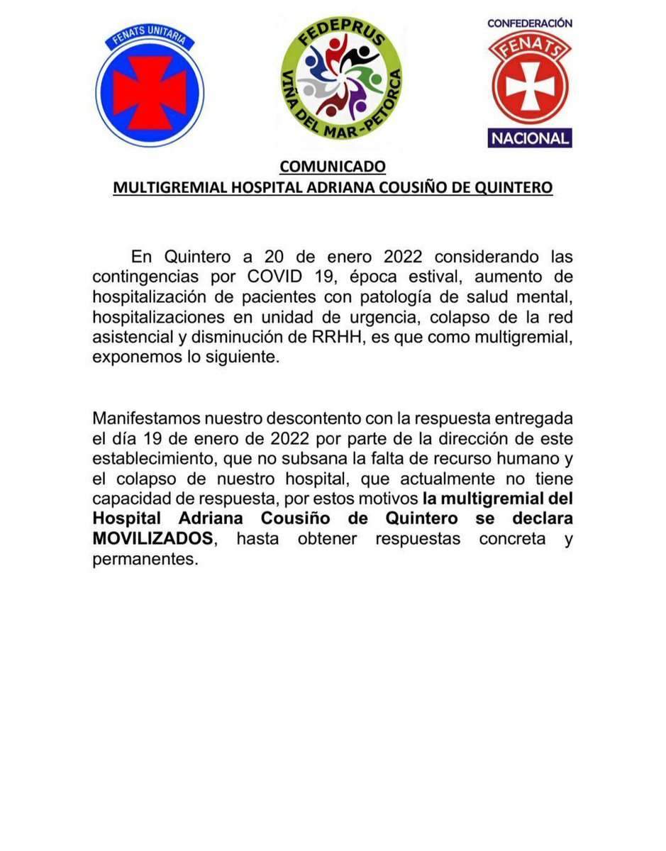 sitiodelsuceso's tweet photo. Trabajadores del Hospital Adriana Cousiño de Quintero se declaran en estado de movilización. https://t.co/t6w3O5Hjas