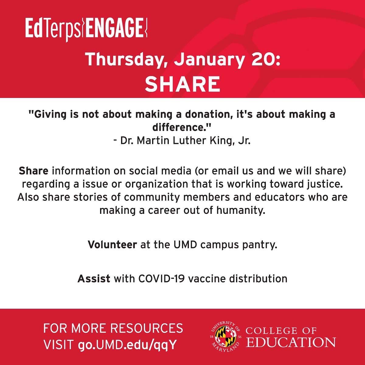 UMDCollegeofEd's tweet photo. To continue COE's #MLKDayofService Week. Today we are focusing on SHARE. "Giving is not about making a donation, it's about making a
difference." - MLK
#EdTerps #UMD #EdTerpsEngage #MLKDay https://t.co/5UFCgK4KfN