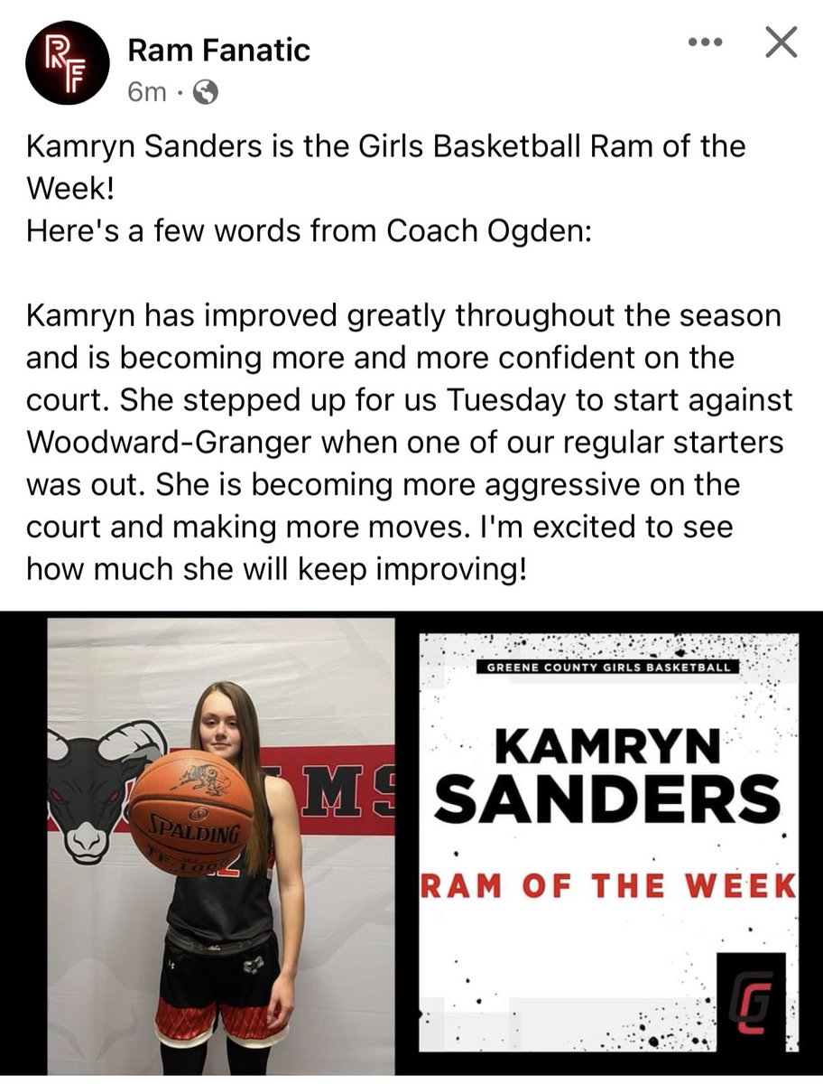 GCRamGirlsBB's tweet photo. I had a mistype as she started on Monday and not Tuesday, but our Ram of the Week! @_kamrynsanders_ https://t.co/LskAYzqGCt