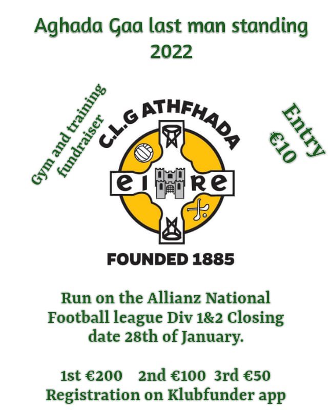 Our adult players have set up a last man standing competition with funds going towards the club gym and training costs. Only €10 to join. 

Join now at: klubfunder.com/Clubs/Aghada_G…