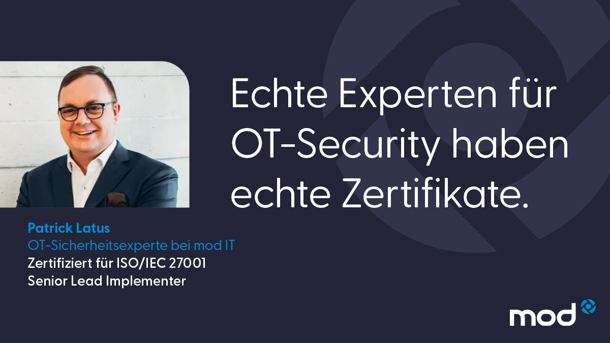 GmbhMod's tweet photo. Das #IT-Sicherheitsgesetz 2.0 hat es für #KRITIS  in sich. Unser #OT-Experte @PatrickLatus  ist im Thema. Er ist „PECB Certified ISO/IEC 27001 Senior Lead Implementer“. Kompetent unterstützt er die Unternehmen bei der technischen Umsetzung.
 https://t.co/aDNNAOkDS5 #itsecurity https://t.co/nUPji9h4Ul