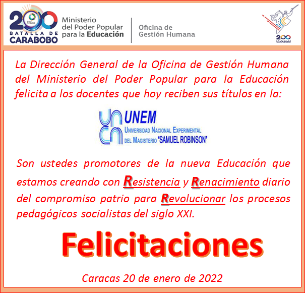 Desde #SomosGH_MPPE felicitamos a los docentes que hoy y durante este mes de enero 2022 reciben sus títulos que los acreditan como graduandos de la <a href="/SomosUnem/">SOMOS UNEM</a> Samuel Robinson. <a href="/NicolasMaduro/">Nicolás Maduro</a> @MPPEDUCACION <a href="/_LaAvanzadora/">Yelitze Santaella</a> #JuegosNacionales2022