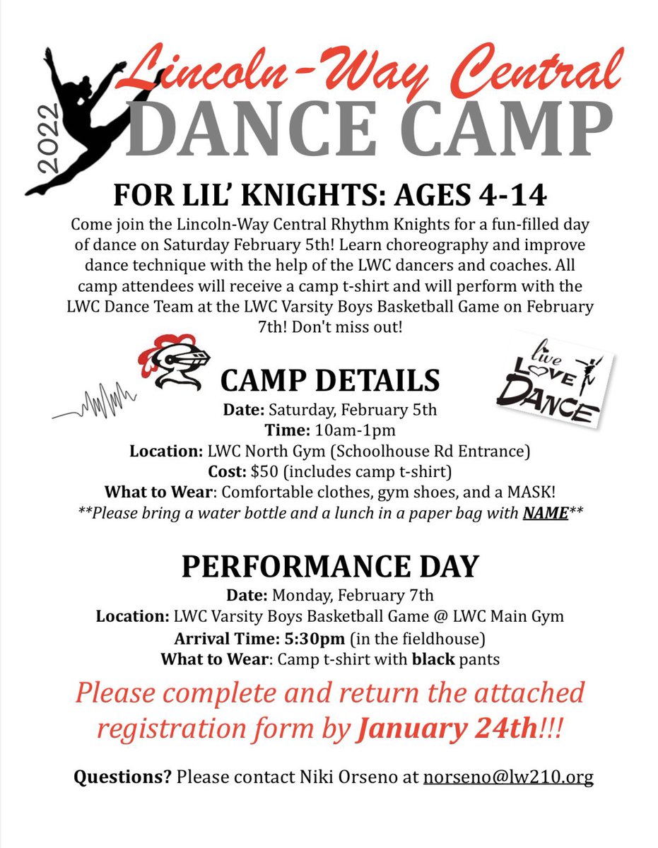 LWRhythmKnights's tweet photo. Time is running out to register for our kiddie camp on February 5th/7th!! Visit our athletic website or email Coach O at norseno@lw210.org for a registration form!! We are so excited to see all our future knights there! https://t.co/4VjHKXepMG