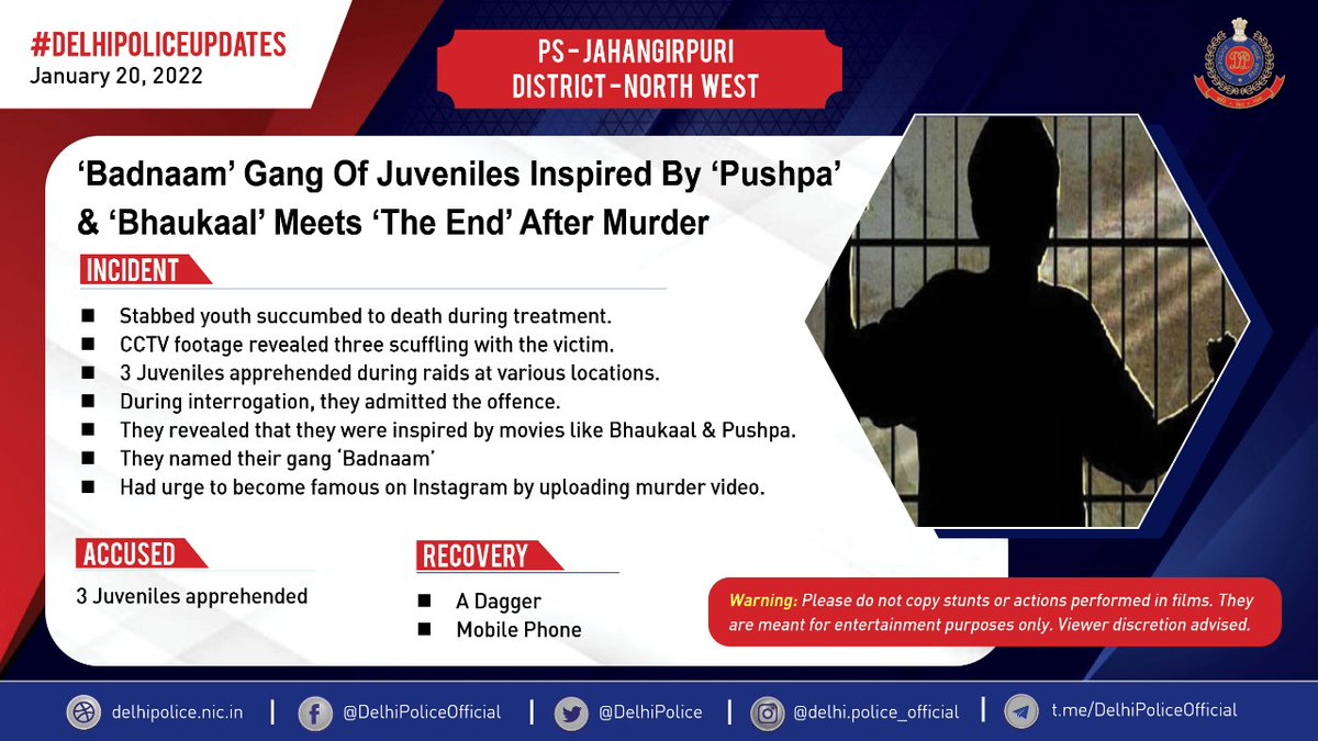 #SocialMedia fame-seeking juvenile trio inspired by 'reel', stabbed a man; meets the 'real' police.

#DelhiPolice advises all to exercise discretion while watching films or you could face an unexpected 'Interval' in life.

#DelhiPoliceUpdates

<a href="/CPDelhi/">CP Delhi #DilKiPolice</a> <a href="/DCP_NorthWest/">DCP North-West Delhi</a>