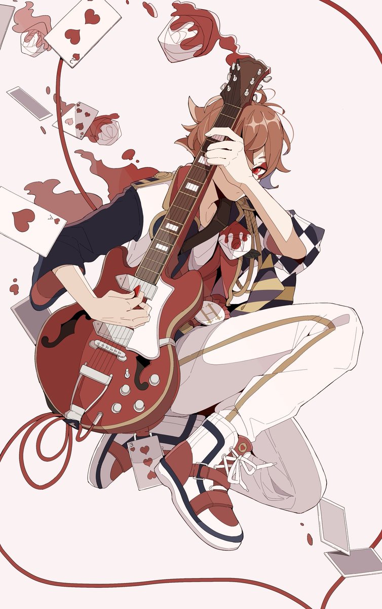 1boy male focus instrument solo guitar brown hair red eyes  illustration images