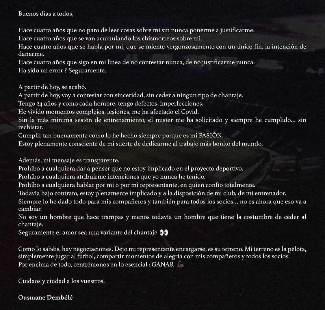 FabrizioRomano's tweet image. Official statement by Ousmane Dembélé. 🚨 #FCB

“Don’t think I’m out of the project. Don’t speak of intentions I never had. I’ve a contract and I’m available for Xavi. I’m not gonna give up”.

“There are contract talks ongoing. My agent is on it - I’m only focusing on the pitch”.