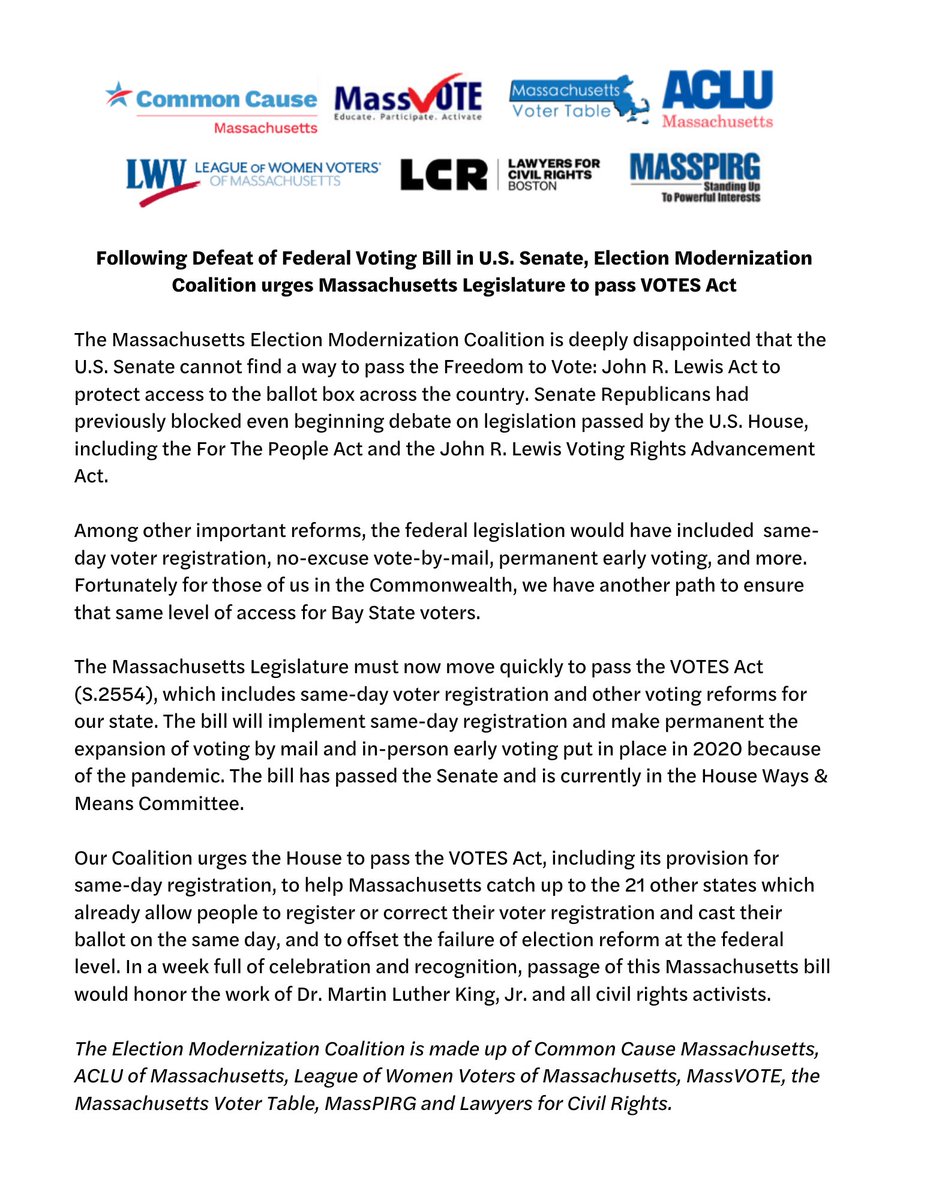 Statement of the Election Modernization Coalition: "Following Defeat of Federal Voting Bill in U.S. Senate, Election Modernization Coalition urges Massachusetts Legislature to pass #VOTESAct" #mapoli lwvma.org/following-defe…
