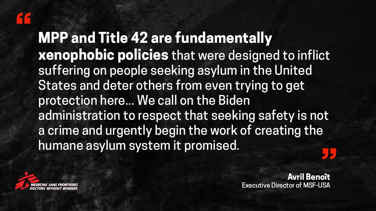Seeking safety is not a crime.

Our teams have seen first-hand how “Remain in Mexico” traps migrants and asylum seekers in danger and how Title 42 effectively blocks them from gaining asylum.

President Biden: these cruel policies must end now. #EndMPP #EndTitle42