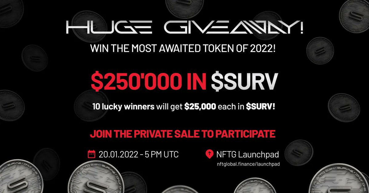 Survive_P2E's tweet image. 🚀 HUGE GIVEAWAY! 🎉

WIN 250'000 USD IN $SURV 🤩

✅ 10 winners will get 25,000 USD each in $SURV

✅ The winner will be announced on our Telegram Chat buff.ly/3qDrJdj

✅ Enter the competition now 👉👉👉 buff.ly/32gPSgB