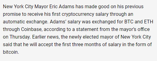 Candice_Lim1987's tweet photo. New York City Mayor Receives First BTC and ETH Salary. New York, which has one of the strictest rules on cryptocurrencies among states, will be more moderate on this front under its new president. https://t.co/XYaNSHic4O