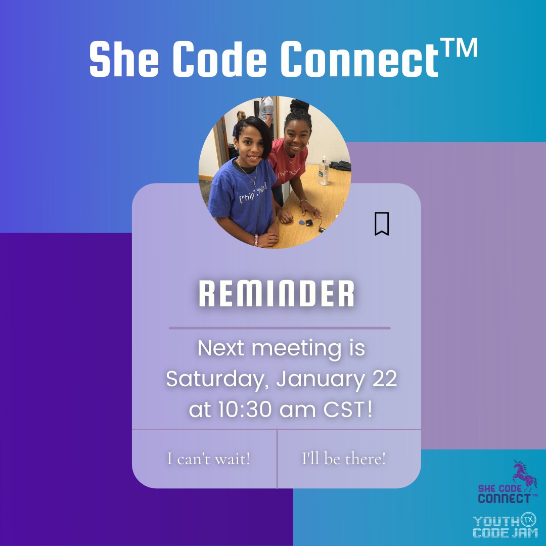 YouthCodeJam's tweet image. Our next She Code Connect™ meeting is on Saturday!

Join us as we have a Python review code-a-long 🐍

Learn more and register at bit.ly/scc_2022
#GirlsWhoCode #nonbinary #codingforteens