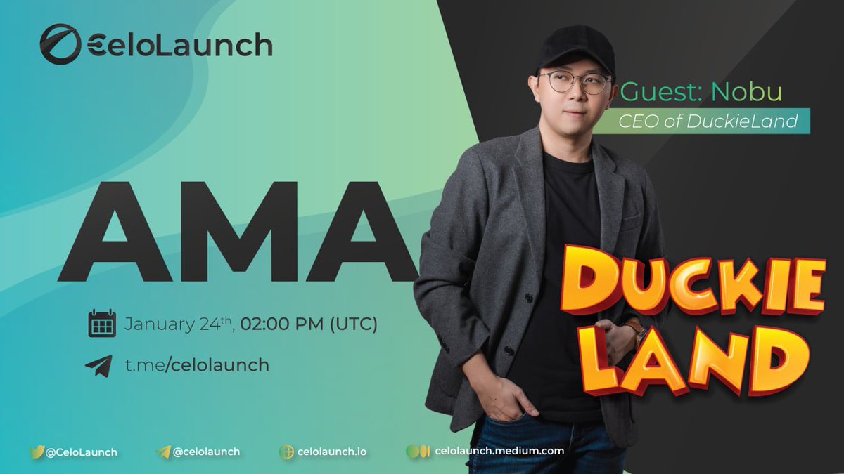 CeloLaunch's tweet photo. 💥 AMA Series — CeloLaunch 𝗫 DuckieLand💥

CeloLaunch is pleased to host an AMA with DuckieLand!

⏰ Time: 24 Jan 2022, 02:00 PM UTC

🏡 Venue: @CeloLaunch

🎁 Reward: $200

🎙 Host: @Stephen_CLA — Community Manager of CeloLaunch

🤵 Guest: @nobnobz Nobu — CEO of Duckie Land https://t.co/BJWG5jBk4Q