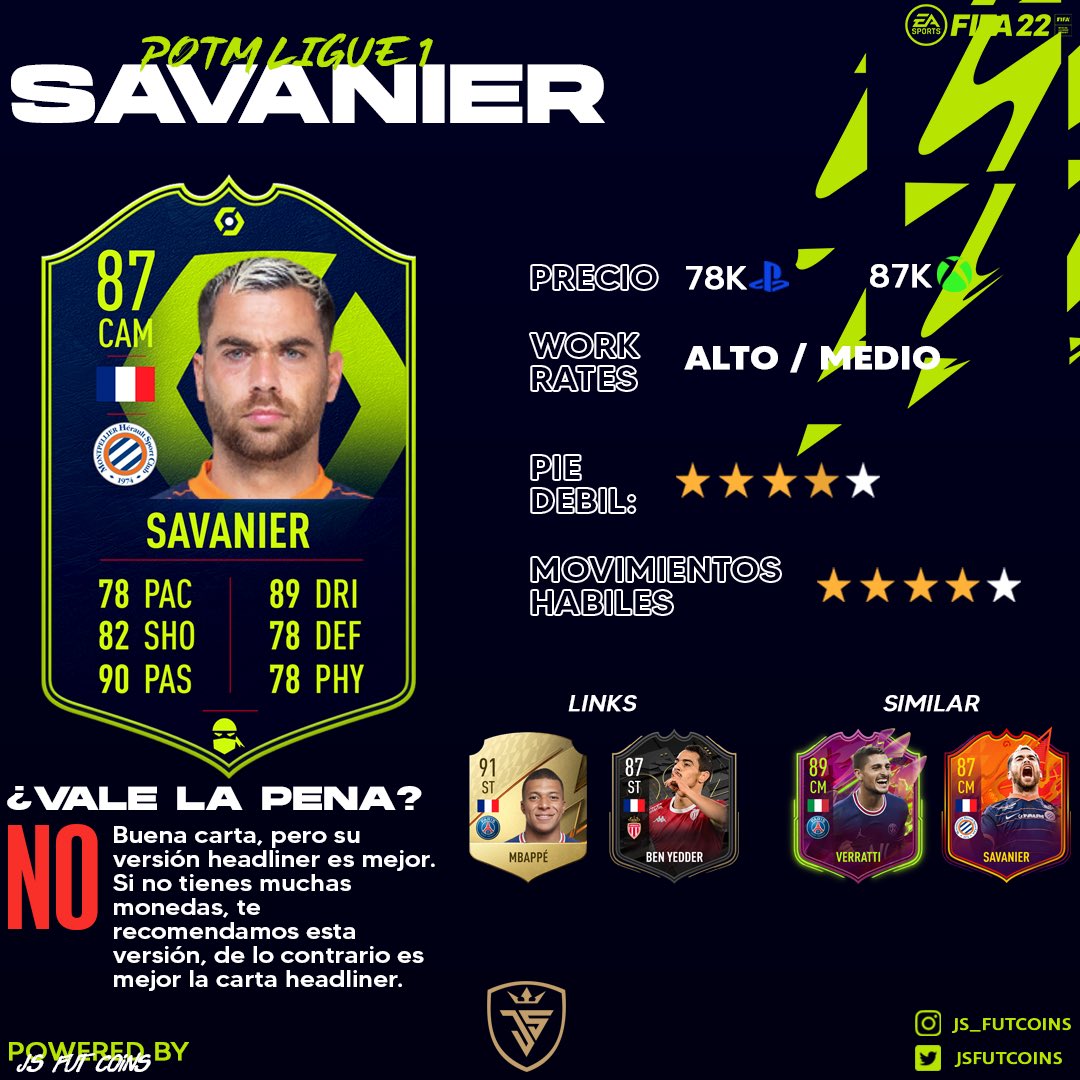 jsfutcoins's tweet photo. 🔱❗️SBC REVIEW

Requisitos: Plantilla 82 con IF y 84

🇫🇷 Savanier POTM Ligue 1

Buenas stats en pase y en regate lo que lo hace un jugador valioso para utilizarlo de MC. Si tienes monedas su versión Headliner tiene mejores stats, es mas recomendable que este SBC.

¿Lo usarías? https://t.co/M2dNqQzyX6