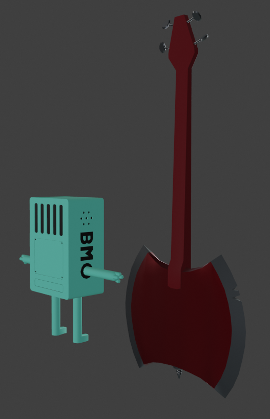 Exactor1s_'s tweet photo. This year I'm hoping to expand my knowledge and skills in modelling and animation, so here's two new things I've made so far from Adventure Time; BMO and Marceline's axe bass which features a bunch of custom animations! #RobloxDev #ROBLOX #Blender3d https://t.co/x3riylP86D