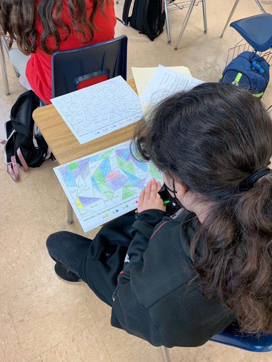 ShenandoahMS's tweet photo. Art and math are connected! Students are preparing for the 2nd iReady Math Diagnostic in Ms. Midence's classes by solving one step equations. They are color coding and matching answers with the corresponding problem. #SMSMath @MDCPS @MDCPSCentral @MiamiSup @miamimagnets https://t.co/TBhHcSTSW8
