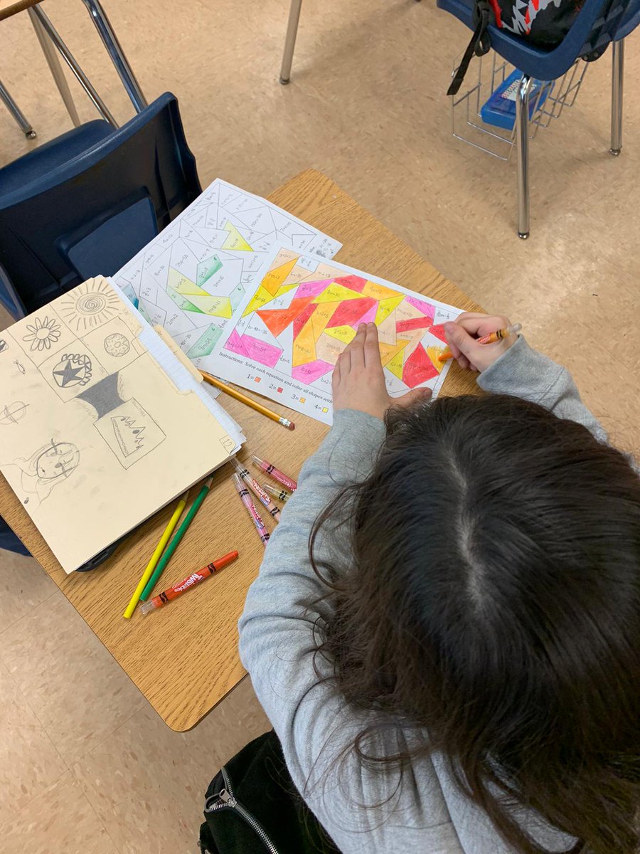 ShenandoahMS's tweet photo. Art and math are connected! Students are preparing for the 2nd iReady Math Diagnostic in Ms. Midence's classes by solving one step equations. They are color coding and matching answers with the corresponding problem. #SMSMath @MDCPS @MDCPSCentral @MiamiSup @miamimagnets https://t.co/TBhHcSTSW8