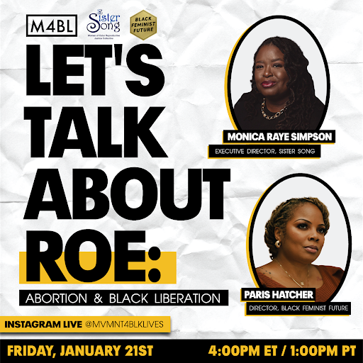 Instagram Live NOW - join us for "Let's Talk About Roe" featuring  SisterSong's <a href="/monicarsimpson/">Monica Raye Simpson</a> and <a href="/blkfemfuture/">Black Feminist Future</a>'s Paris Hatcher. 

Head over to Instagram.com/MVMNT4BLKLIVES. 
Abortion and Black Liberation are intrinsically linked.