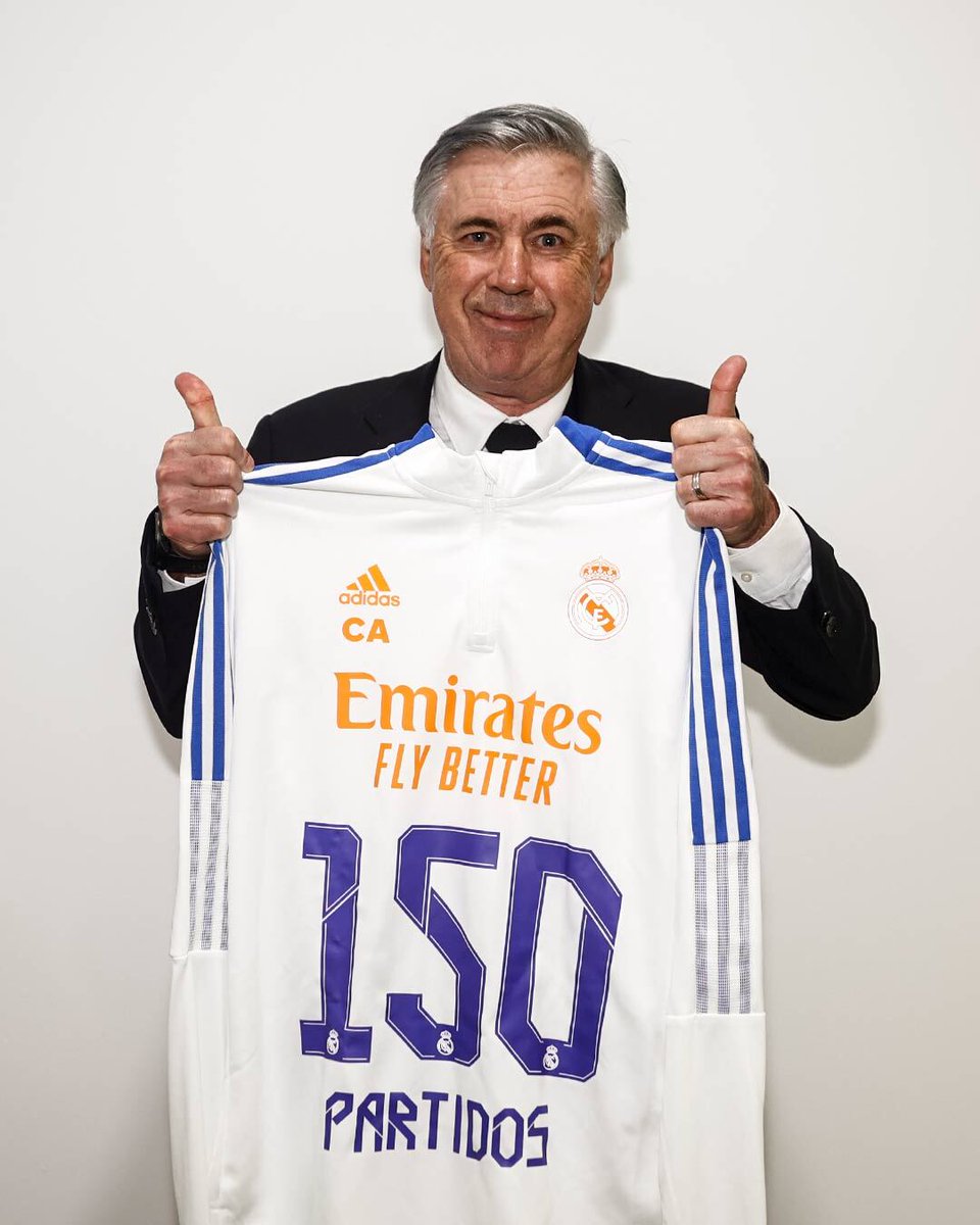 realmadrid's tweet photo. 👍 @MrAncelotti 👍
👔 ¡Nuestro míster suma 1️⃣5️⃣0️⃣ partidos como madridista!
#RealFootball https://t.co/yaAwsTwpYV