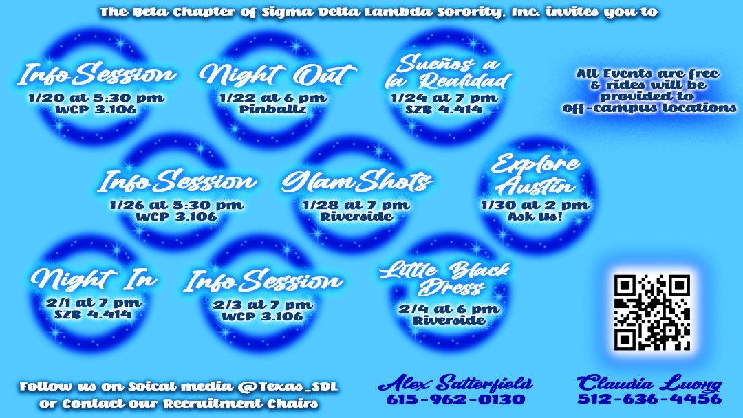 Texas_SDL's tweet photo. ✨ Por Vida since 1996 ✨ 

interested in learning more about a Latinx org and participating in some fun events with us? then come to any of our events these next two weeks to mingle and learn more about us!  

*virtual options available for select events*

#ut23 #ut24 #ut25 https://t.co/udrMtb6sUj