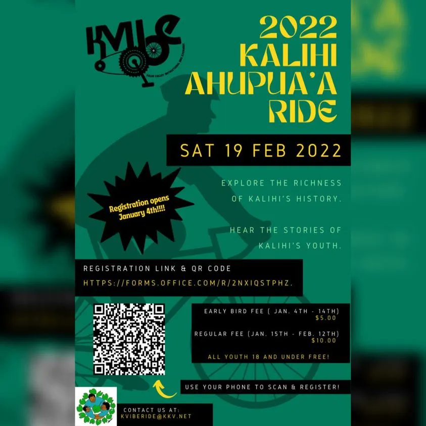 PIDP_EWC's tweet image. KVIBE presents the long awaited 2022 Kalihi Ahupua’a Ride.  Come out and ride with us as we pay tribute to the richness of Kalihi’s past and present through this youth-led community bike ride.  See flyer for registration link/QR code.  Follow them on FB/IG @kvibekkv #KVIBE