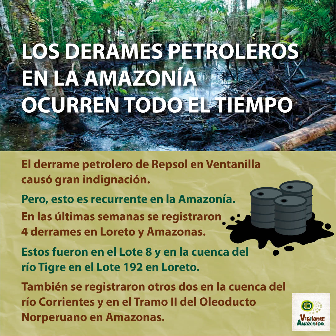 🔴Entre el 2000 y 2019, se registraron 474 derrames de #petróleo en la #Amazonía. Durante la pandemia esto no ha parado. Recientemente, se reportó 4 derrames en Loreto y Amazonas. El derrame petrolero en Ventanilla es una muestra de lo que viven los pueblos indígenas afectados.