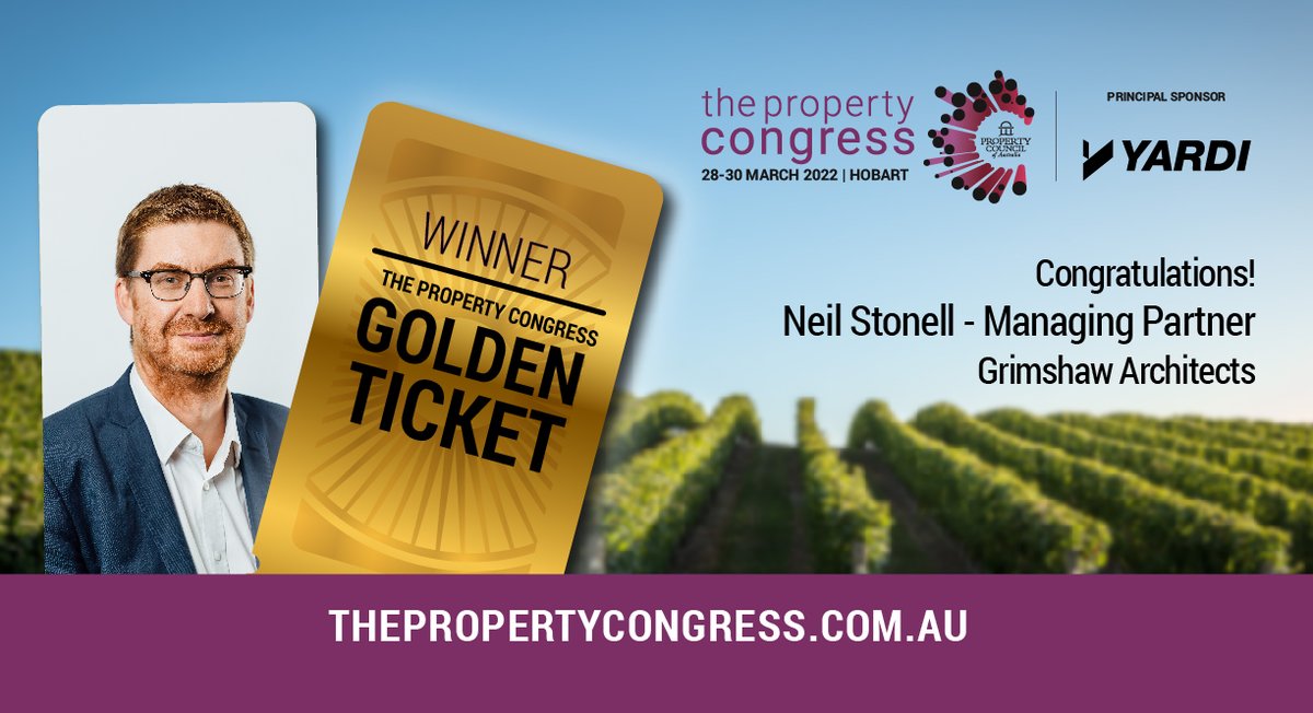 PropCongress's tweet photo. 🎉A big congratulations to Neil Stonell @GrimshawArch for winning The Property Congress Golden Ticket all courtesy of our Principal Sponsor @Yardi!! 🎉 We will see you at The Property Congress Hobart this March!

#propertycongress @PropertyCouncil https://t.co/7jkZnj9ZaC