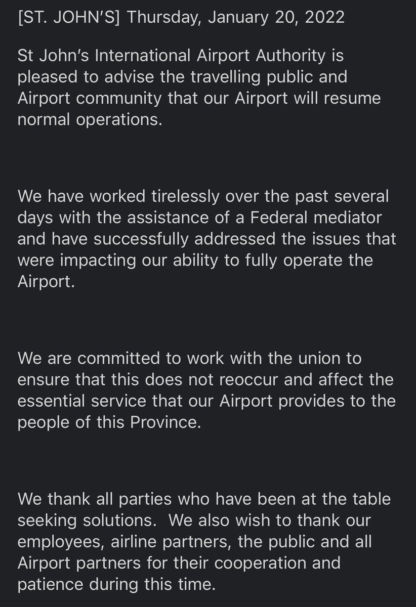PeterCBC's tweet photo. The St. John’s airport says there won’t be further disruptions because of a lack of firefighters saying it’s addressed issues with the union (no details on how they resolved the issues) https://t.co/hO10iusaSL