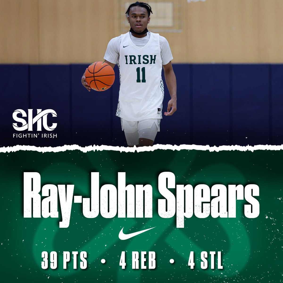 @rayjohnspears led the way last night against Valley Christian w/ 39pts, 4rebs, 4asst. 🔥🔥
#HustleHard #HeartOfTheCity ☘️