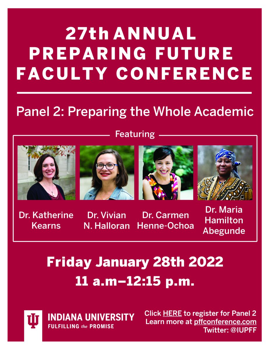 Register here (iu.zoom.us/webinar/regist…) for the Preparing the Whole Academic panel at 
<a href="/IUBloomington/">IU Bloomington</a>'s PFF Conference.

Join us Friday, January 28th to learn about pursuing research interests, managing responsibilities, creating inclusive workplaces, and building resilience.