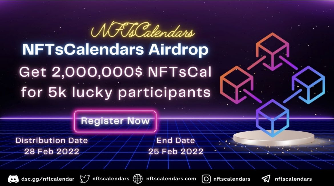 nfts_airdrops's tweet image. New Airdrop: NFTsCalendars
Reward: 1 NFTsCal 
End Date: 25 February, 2022 
Distribution date: 28 February, 2022

🔗Airdrop Link: Airdrop page

-Complete all tasks of the airdrop
-Submit your ERC-20 wallet address
- For 2,000 Lucky random participants 

-Top referrals 10 winners