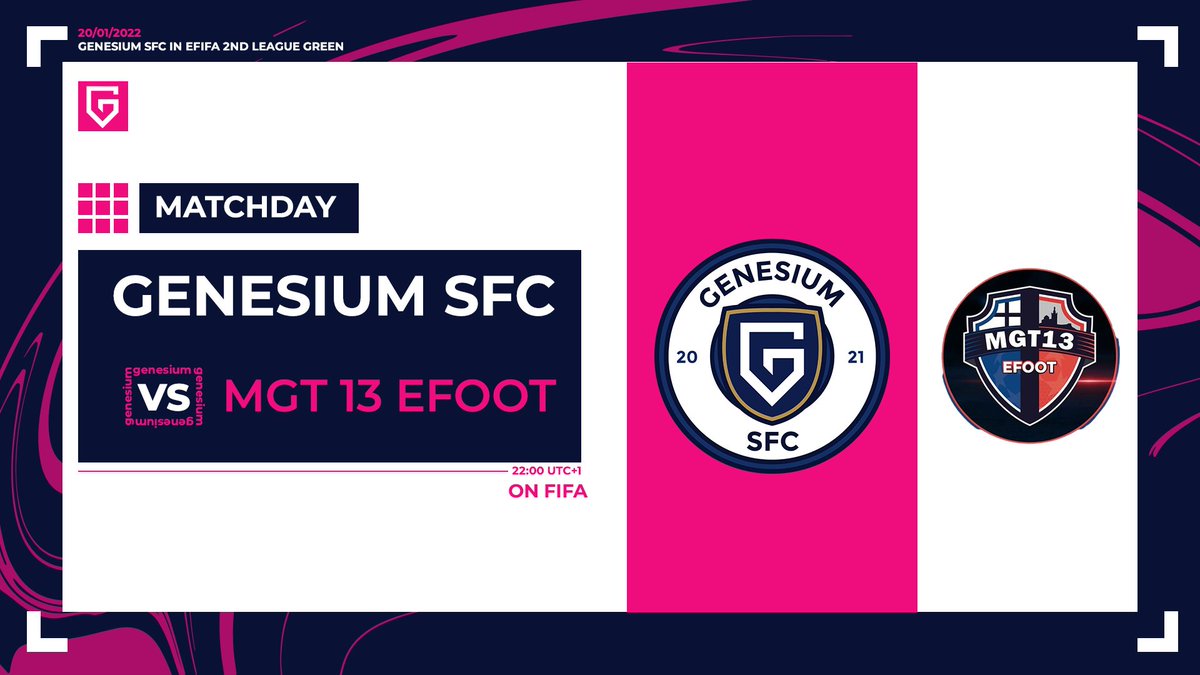 Ligue 2 🟢 - eFifa organisée par @EfifaOnline 🏆

🗓️ Ce soir nous affrontons à 22H l'équipe @MGT_EfooT 

Bon match à vous 🤝

<a href="/TeamGenesium/">Genesium 🌴</a> #WhereItBegins 👾