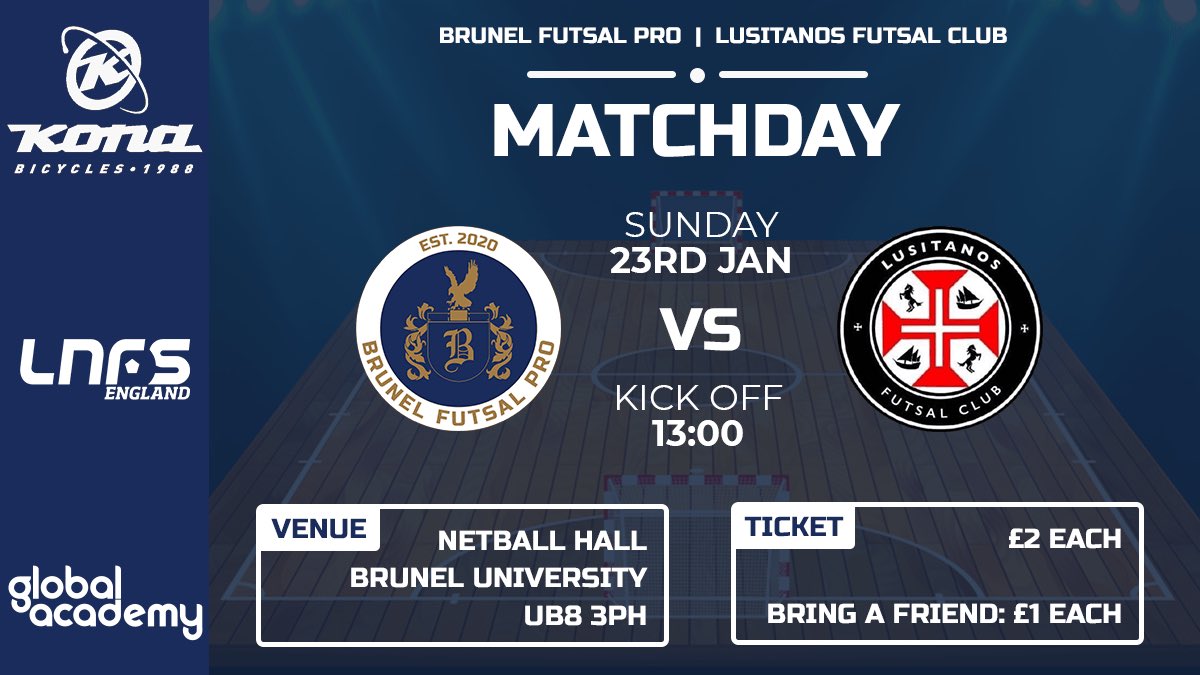 Match Day Announcement 🚨

Next up: @lusitanosfutsal 

🕚 Kick-off: 1pm
📅 Sunday 23 Jan
🏟 <a href="/Bruneluni/">Brunel University of London</a> Netball Hall

Thank you for everyone’s support last weekend, we look forward to seeing you again! 🙌