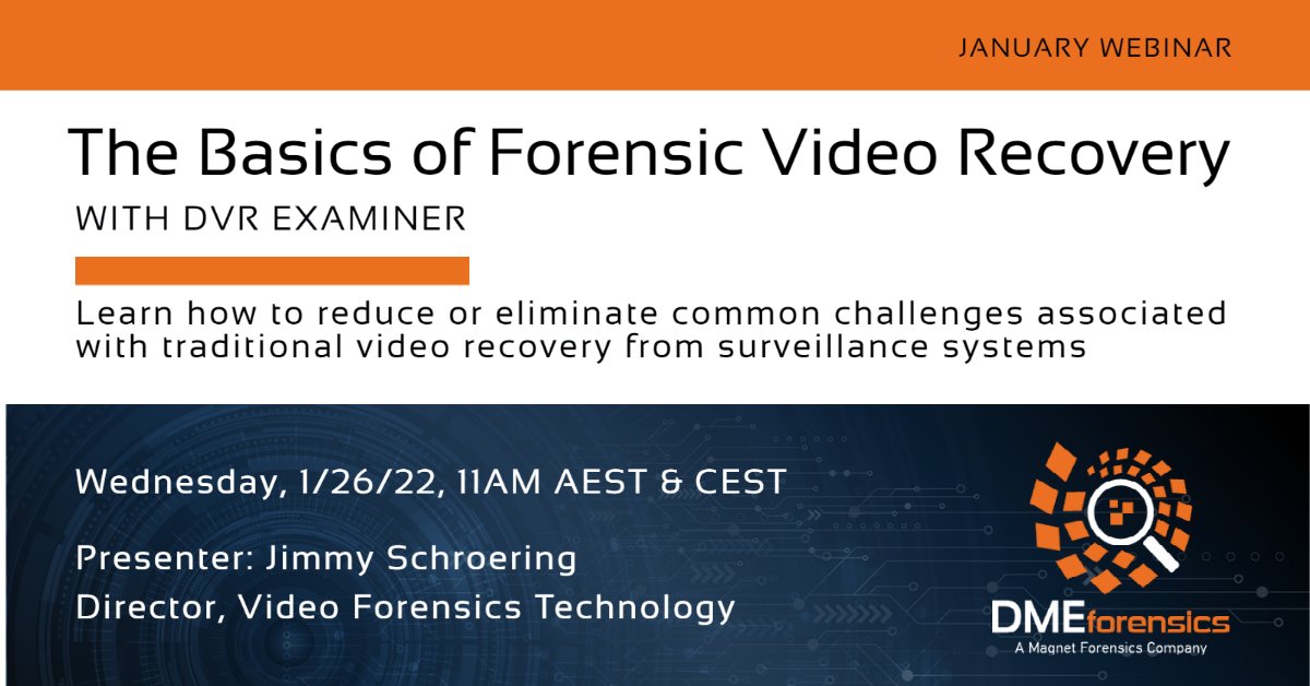 dmeforensics's tweet photo. If you're a #digitalforensicexaminer struggling with the challenges of #DVRrecovery and missed yesterday's webinar, we have another opportunity. Join us on 1/26/22. Register at https://t.co/J9qJRBJlN9 https://t.co/HEXyn1odFP