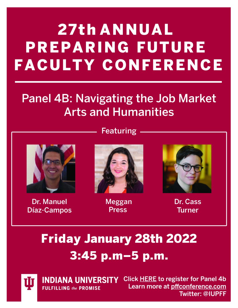 Register here (iu.zoom.us/webinar/regist…) for the Navigating the Arts and Humanities Job Market panel at 
<a href="/IUBloomington/">IU Bloomington</a>'s PFF Conference.

Join us Friday, January 28th at 3:45PM to hear advice from a hiring perspective, a recent hire, and a university librarian!