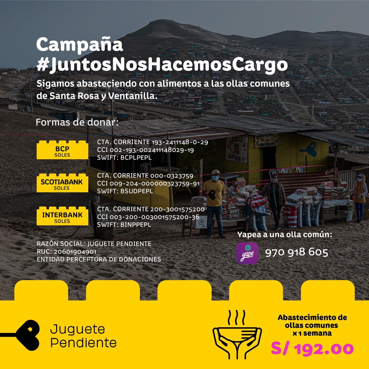 Desde Juguete Pendiente trabajamos con las ollas comunes de Santa Rosa y Ventanilla que están siendo afectadas por el derrame del petróleo ocurrido el sábado pasado.

Hoy nuevamente y con su ayuda nos haremos cargo. Descubre cómo ayudar en este post 👇.