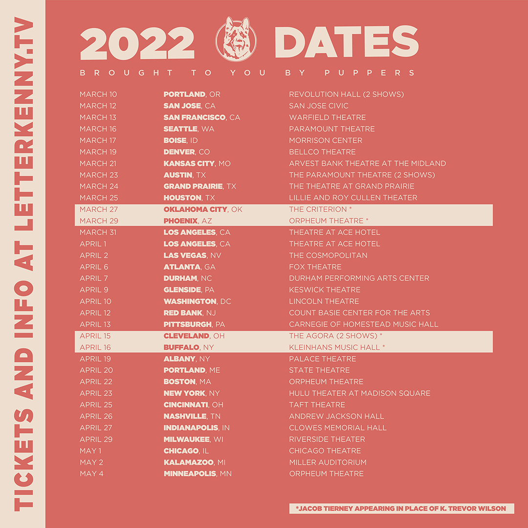 Due to COVID, we’re rescheduling our American February Letterkenny Live shows to April and early May. See below for the new schedule. All tickets will be honoured for new dates, and refunds will be available at the point of purchase. (1/3)