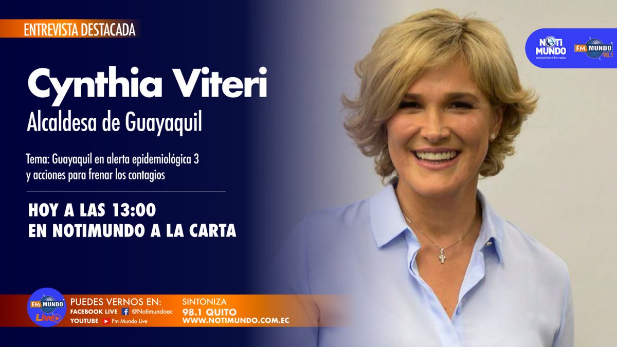 fmmundo's tweet photo. 🎙 #EntrevistaDestacada | Hoy nos acompañará la alcaldesa de #Guayaquil, @cynthiaviteri, para hablar sobre la situación epidemiológica de la Urbe, que se encuentra en #Alerta3.
🔴 Míranos por #FmMundoLive➡️https://t.co/hjiVoo4go6
📻 Escúchanos por 98.1 fm https://t.co/mxqyIzNZHD