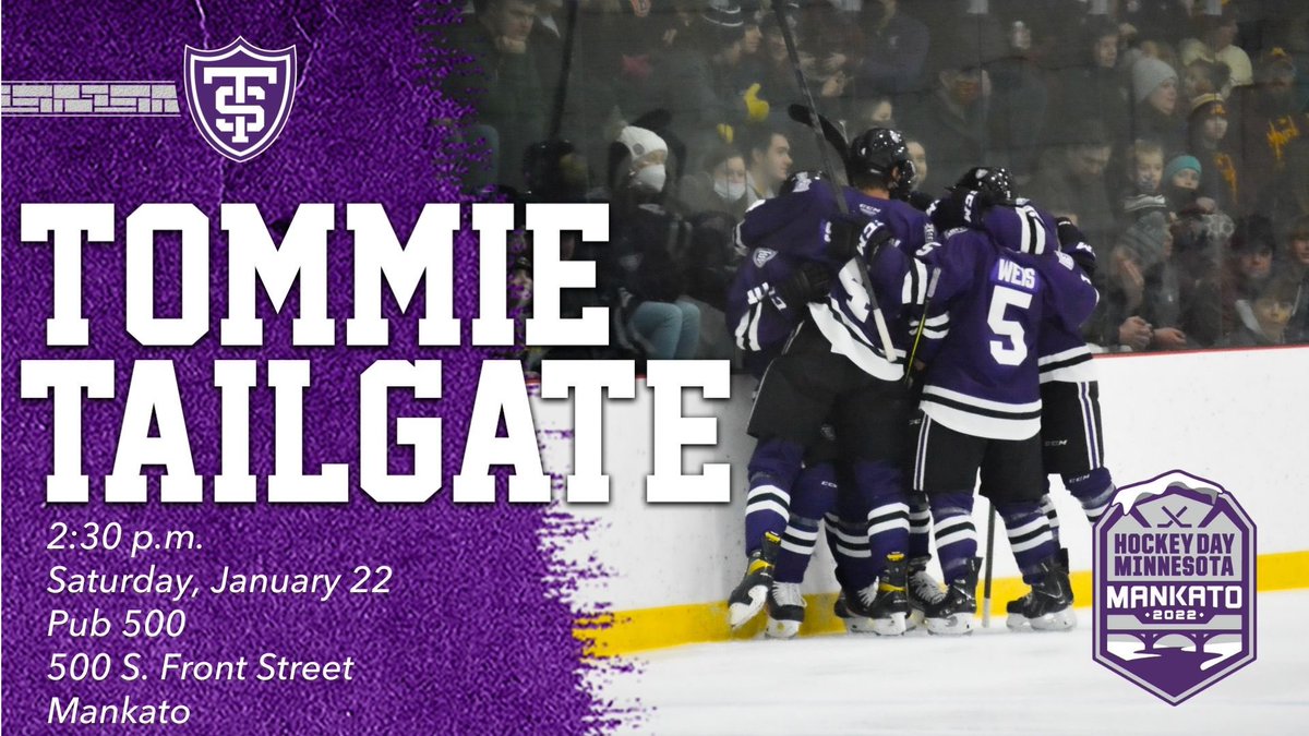FraserBen's tweet photo. We are only a few days away from @HockeyDayMN in Mankato! Join fellow Tommies on both Saturday and Sunday at @Pub500 prior to the games! #RollToms #HDM22 @TommieAthletics @USTMensHockey @USTwomenhockey @TommieAlumni https://t.co/yArKiAjY48