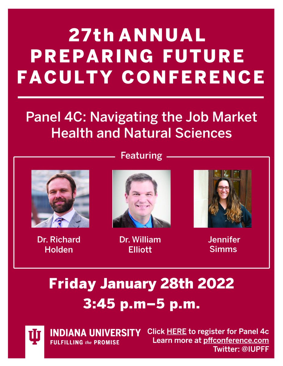 Register here (iu.zoom.us/webinar/regist…) for the Navigating the Health and Natural Sciences Job Market panel at 
<a href="/IUBloomington/">IU Bloomington</a>'s PFF Conference.

Join us Friday, January 28th to hear advice from a hiring perspective at an R1 and Regional university, and a university librarian!